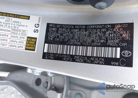 2022 Toyota Corolla Le из США, поврежденный, VIN JTDEPMAE1N3016894